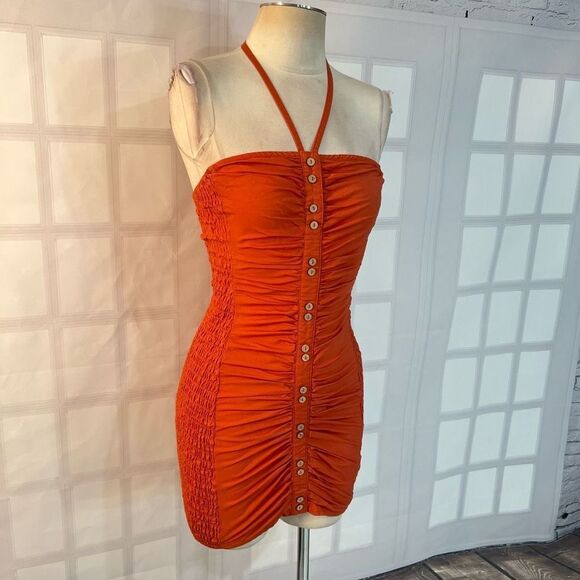 FREE PEOPLE WOMEN'S HOLD ON burnt orange smocked MINI DRESS size xs - Picture 4 of 12